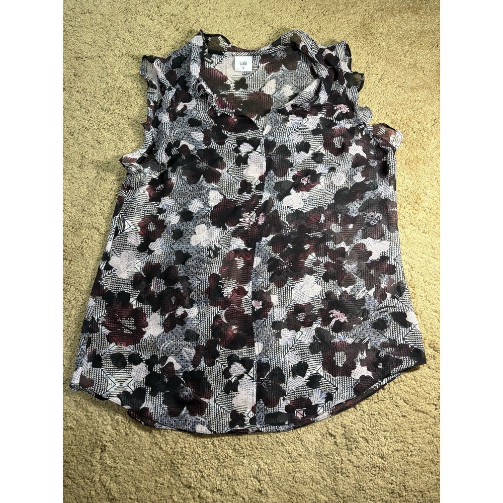 Cabi Flutter Blouse Women Medium Floral Sheer 3618 Sleeveless Ruffle V-neck
